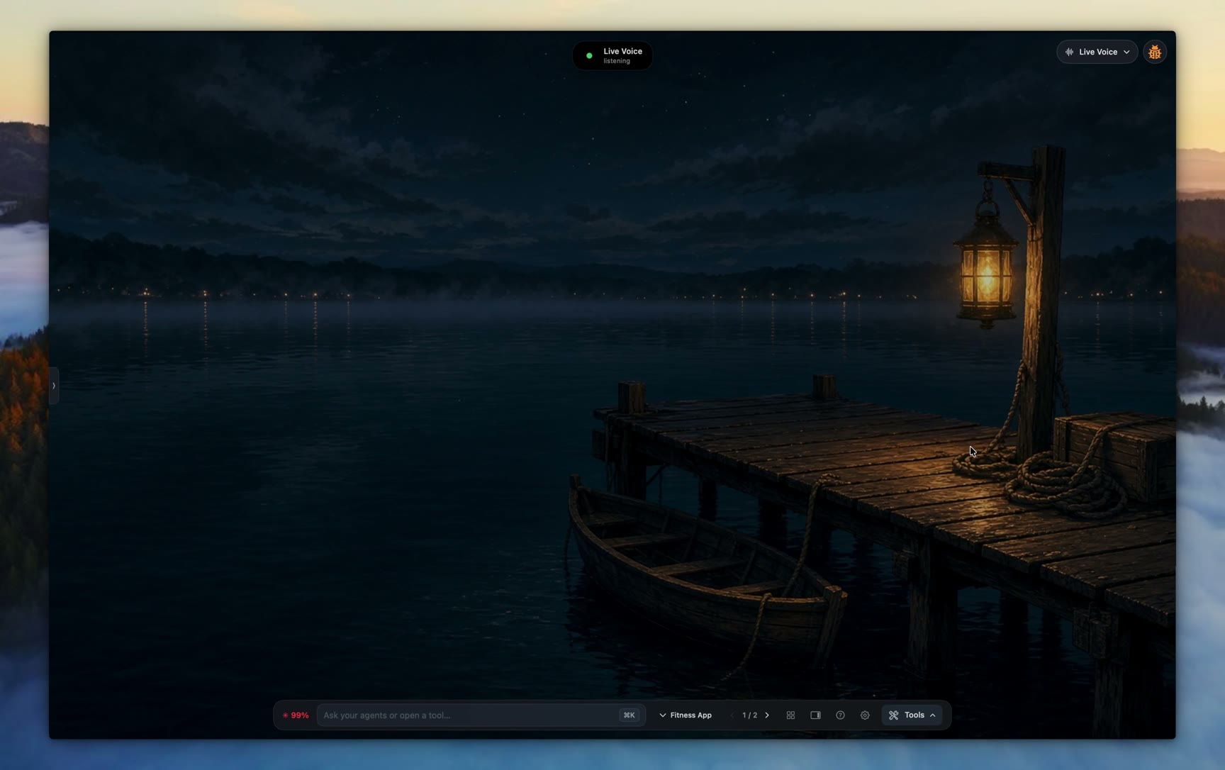 The Ziora canvas with Live Voice listening, ready to open agents.